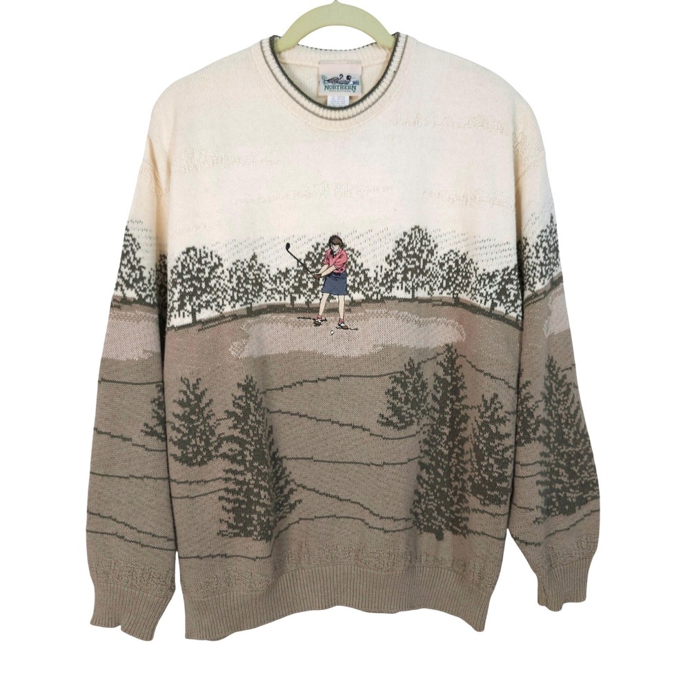 Vintage Northern Reflections Golf Scene Cotton Knit Sweater XL Cream Made In USA